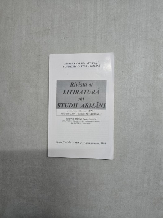 Rivista di LITIRATURĂ shi STUDII ARM&Acirc;NI - Tiberius Cunia- Anul 2/nr. 2/1995