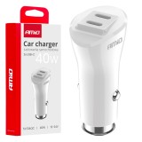 Incarcator auto AMiO 2x USB-C 40W, alimentare 12-24V DC, incarcare rapida pentru doua dispozitive, alb, constructie compacta