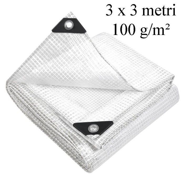Prelata ranforsata 3x3 m, 100g/mp, protectie UV+, ochiuri otel 12 mm, polietilena transparenta
