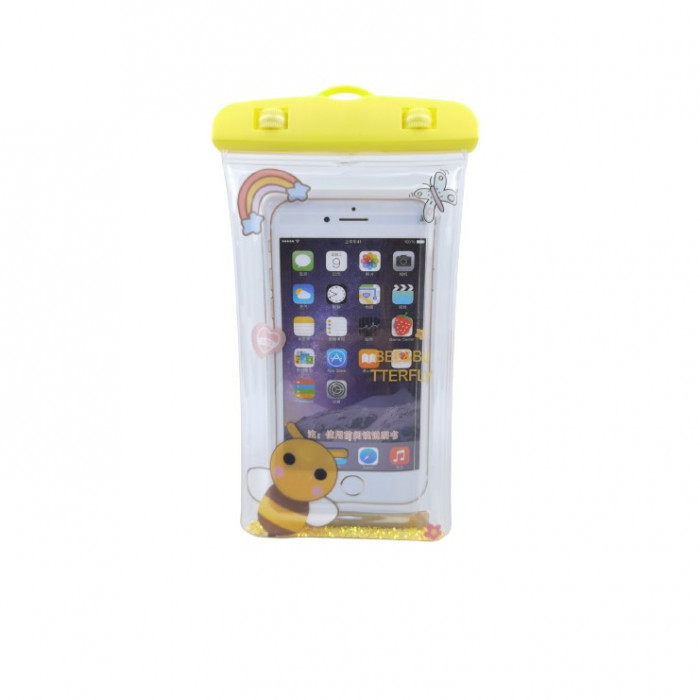 Husa subacvatica Glitter Kids Waterproof Flippy, Snowproof, Universala, cu Snur, pentru telefon sau documente, Bee, Galben