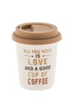 Cumpara ieftin Ceașcă de cafea albă mată cu mesajul &bdquo;TOT CE AI NEVOIE ESTE LOVE&rdquo; și capac din silicon 280ml