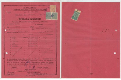 Romania, Primaria Municipiului Oradea, Certificat de Nationalitate, 1945 foto