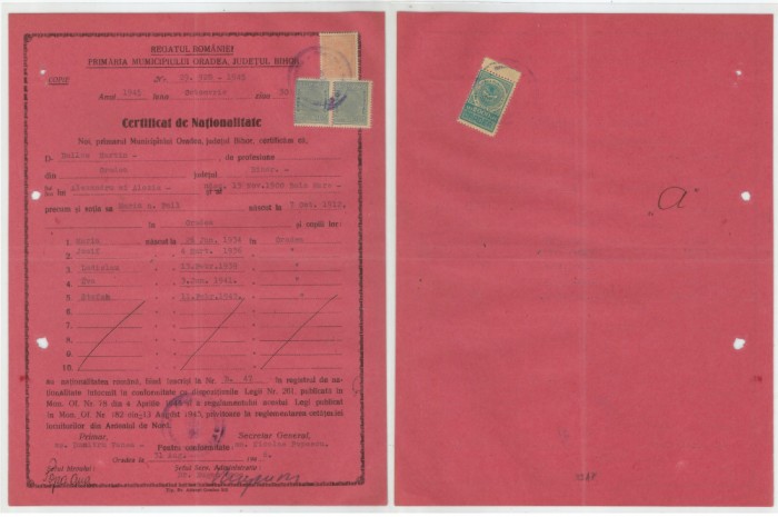Romania, Primaria Municipiului Oradea, Certificat de Nationalitate, 1945