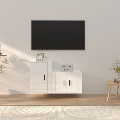 Set dulap TV, 2 piese, alb extralucios, lemn prelucrat foto
