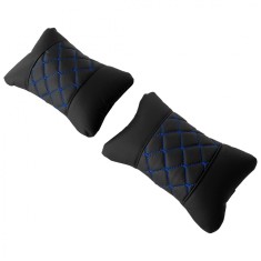 Set 2 Buc Perne Tetiere Auto Universale Pentru Gat Un Confort Mai Bun In Timpul Unei Calatorii Lungi Cu Ma?Ina, Negru Cu Cusaturi Albastre, POD032 foto