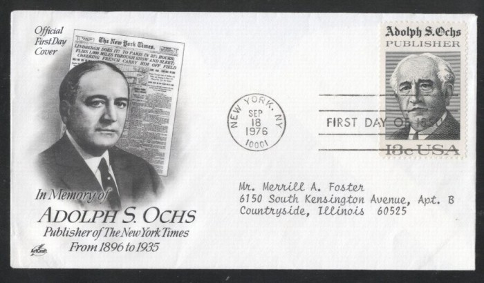 United States 1976 Adolph S Ochs FDC K.703