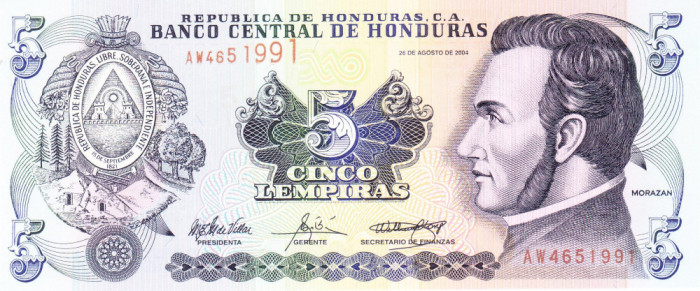 Bancnota Honduras 5 Lempiras 2004 - P85d UNC