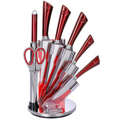 Set de cuțite cu ascuțitor și foarfece Royalty Line RL KSS804, 8 bucăți, Stand, Oțel inoxidabil, Roșu