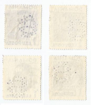 *Romania, lot 9 cu 4 timbre perforate identice cu perforatii in pozitii diferite foto