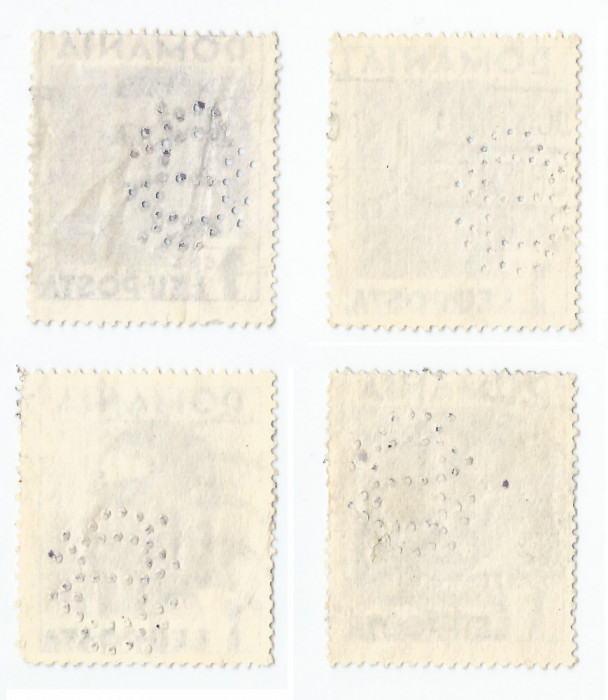 *Romania, lot 9 cu 4 timbre perforate identice cu perforatii in pozitii diferite