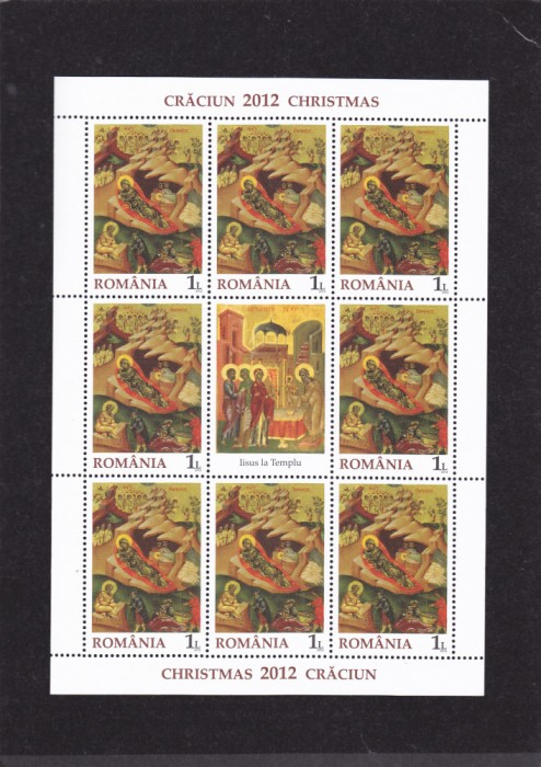 ROMANIA 2012 CRACIUN MINICOALA DE 8 TIMBRE + 1V, MNH.