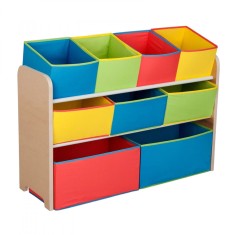 Organizator din lemn pentru copii raft dulap sectiune pentru depozitarea jucariilor si cartilor - 3 niveluri cu 9 cutii textile - CULORI