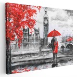 Tablou Canvas Cuplu &Icirc;ndrăgostiți Big Ben Londra, 20x30 cm, Cu Ramă, Pictură Living Dormitor, Roșu Negru Alb