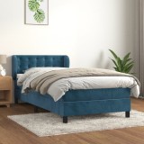 VidaXL Pat box spring cu saltea, albastru &icirc;nchis, 90x190 cm, catifea