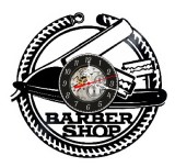 Ceas de perete decorativ realizat din disc de vinil, Model Barber Shop / Frizerie cu Brici si Lame de Ras, Negru, 30 cm