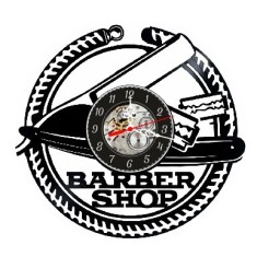 Ceas de perete decorativ realizat din disc de vinil, Model Barber Shop / Frizerie cu Brici si Lame de Ras, Negru, 30 cm