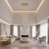 Candelabru Cristal AROHA LED cu Telecomanda, Suspendat, 30 Surse, 90W, Lumina Calda/Neutra/Rece, Diametru 60cm, Inaltime Reglabila, Auriu, Metal si Cr