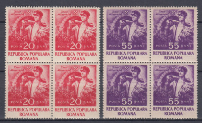 ROMANIA 1952 LP 328 ZIUA MINERULUI BLOCURI DE 4 TIMBRE MNH foto