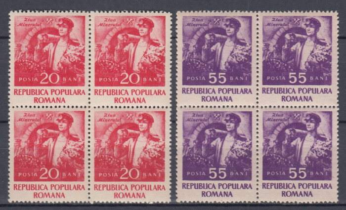 ROMANIA 1952 LP 328 ZIUA MINERULUI BLOCURI DE 4 TIMBRE MNH