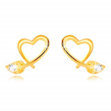 Cercei din aur galben 9K - contur de inimă asimetrică, frunză cu zirconiu