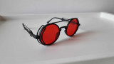 Ochelari de soare Steampunk - Rama neagra Lentile rosii, Rotunzi, Unisex, Protectie UV 100%