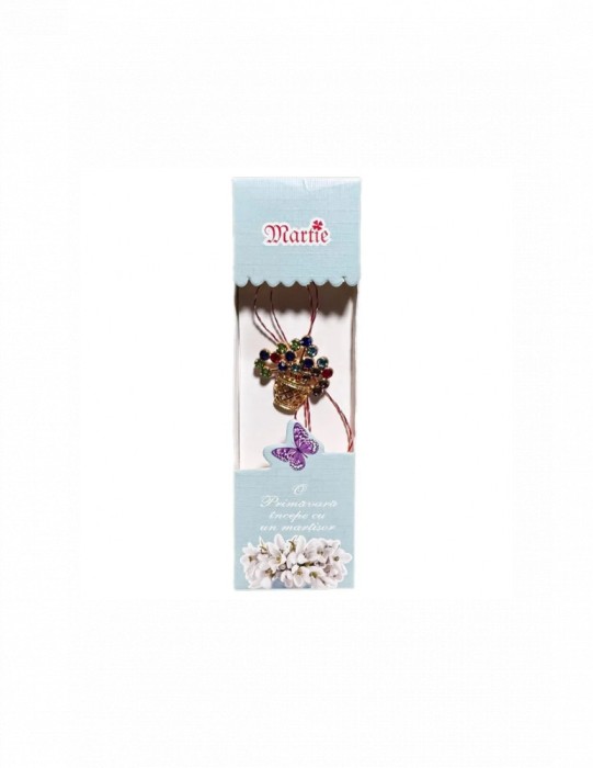 Martisor tip brosa cu model ghivecel auriu cu flori colorate pentru 1 si 8 martie