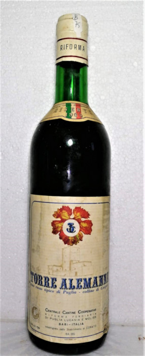 B 75, VIN ROSU TORRE ALEMANNA, TIPICO DI PUGLIA, Recoltare 1969 CL 72 GR 13