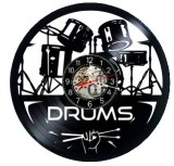 Ceas de perete decorativ realizat din disc de vinil, Model Baterie Tobe Drums Percutie Muzica, Negru, 30 cm