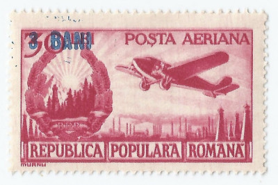 Romania, LP 319a/1952, Aviatie - valori mari, supratipar pe 30 lei visiniu, MNH foto