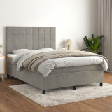 Gossi pat box spring cu saltea, gri deschis, 140x200 cm, catifea