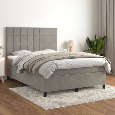 Gossi pat box spring cu saltea, gri deschis, 140x200 cm, catifea foto