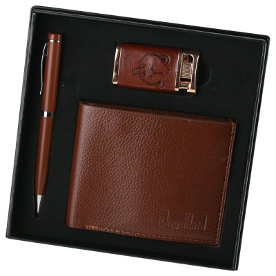 Set cadou pentru barbati, Portofel cu pix si bricheta, Maro foto