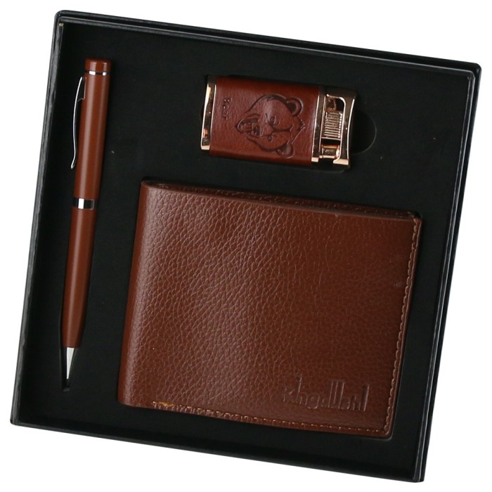 Set cadou pentru barbati, Portofel cu pix si bricheta, Maro