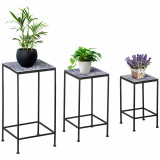 Cumpara ieftin Outsunny Set 3 Suporturi pentru Plante din Metal, Plăci Ceramice cu Motive Florale, Decorativ și Funcțional, Negru | Aosom Romania