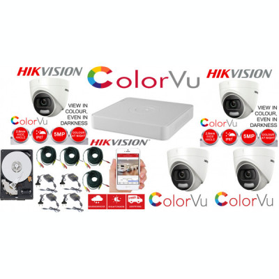 Sistem supraveghere profesional Hikvision Color Vu 4 camere 5MP IR20m, DVR 4 canale, full accesorii si HDD SafetyGuard Surveillance foto