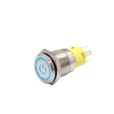 Buton push iluminat cu mentinere, 5A 12, 24V DC, 16mm, IP67, metalic, inel LED albastru, 5 pini, FLM16-FJ-1-EC003-S11Z5-BLUE