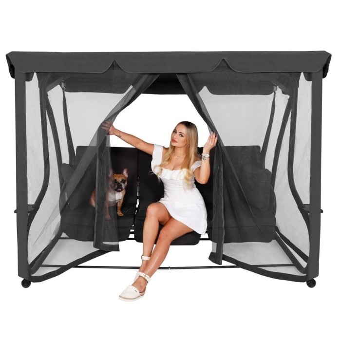 Balansoar gradina, Springos, 3 locuri, cu plasa insecte, gri, 215x125x165 cm, functie pat, max 280 kg