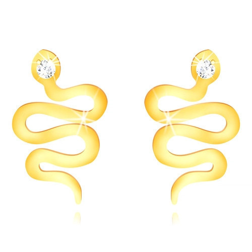 Cercei din aur 375 - șarpe lucios ondulat cu cap de zirconiu