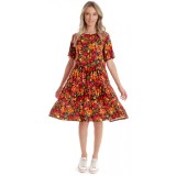Rochie cu Volane Dama V279, Rosu cu imprimeu multicolor - L