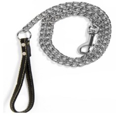 Lesa pentru caini din lant cromat, Metal-Piele, Negru, 120x3 cm foto