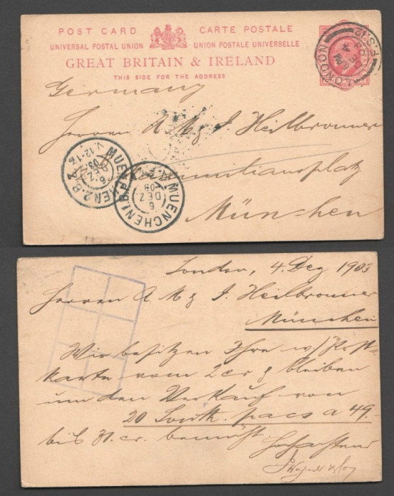 Great Britain 1903 Old Postcard Postal stationery London to Munchen D.1044