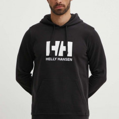 Helly Hansen hanorac de bumbac HH LOGO HOODIE bărbați, culoarea negru, cu glugă, cu imprimeu 33977