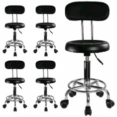 SET - 5x Scaun salon cu spatar si roti, Taburet rotativ, Piele ecologica, Negru foto