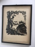 Tablou vechi paper cut filigran decupaj siluete carton negru, rama lemn, 33x25cm, Peisaje, Fresca, Altul