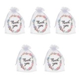 Pungi Cadou din Organza Albe cu Model Flori și Mesaj \"Thank You\", CMCLASS