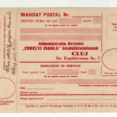 MANDAT POSTAL 1936 ADMINITRATIA REVISTEI ERDELYI ISKOLA SCOALA ARDELENEASCA CLUJ