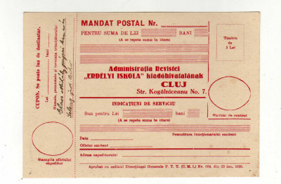 MANDAT POSTAL 1936 ADMINITRATIA REVISTEI ERDELYI ISKOLA SCOALA ARDELENEASCA CLUJ foto