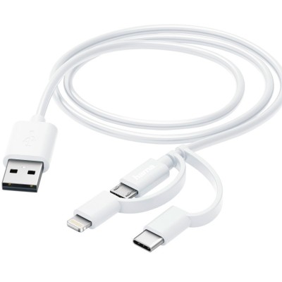 Cablu incarcare Hama, micro-USB 3-in-1 cu adaptor pentru USB-C si Lightning, 1 m, Alb foto