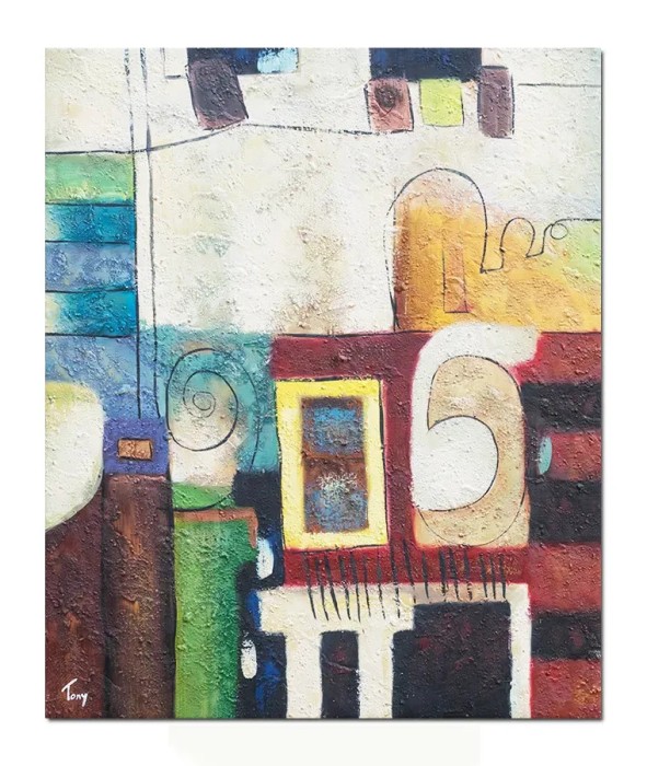 Tablou abstract pictat manual, Compozitie abstracta 6, 60x50cm ulei pe panza in relief efect 3D, gata de agatat pe perete