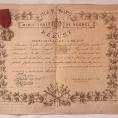 Brevet + Medalia Crucea Virtute / Virtutea Militara model 1, clasa a 2-a, 1885